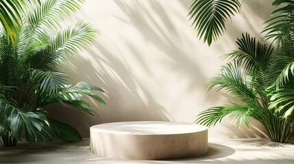 Obraz premium Green plants frame a round pedestal with light and shadows