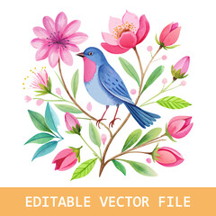 watercolor bird sitting on blossom flowers tree branch