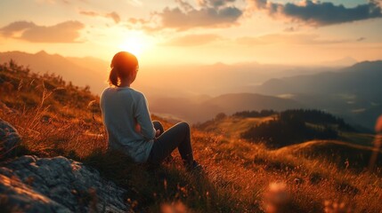 Obraz premium Woman enjoying the view of the mountains during sunset