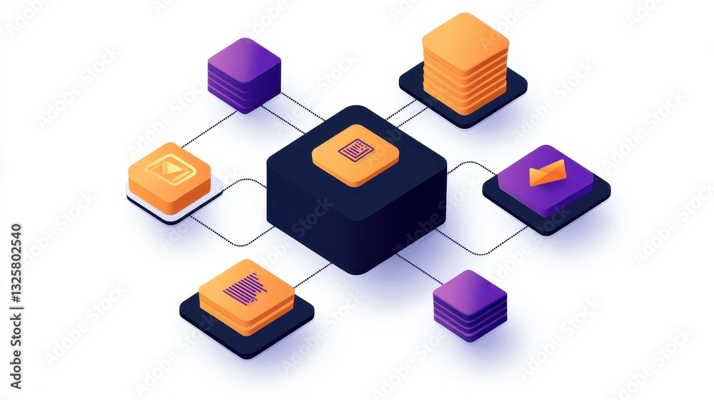 Poster A modern graphic depicting interconnected data blocks in varied colors, representing digital processes and information flow.