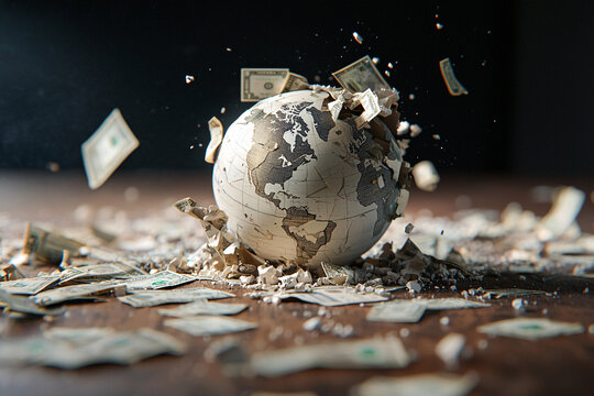 A storm shatters world currencies, reflecting economic instability and inflation global effects