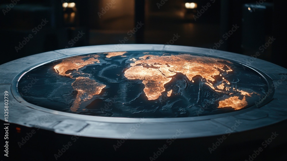 Poster a detailed illuminated globe showcasing continents and oceans, highlighting geographical features wi