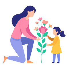 Creative Portrayal of a Mother and Child Arranging Mothers Day PNG Illustration