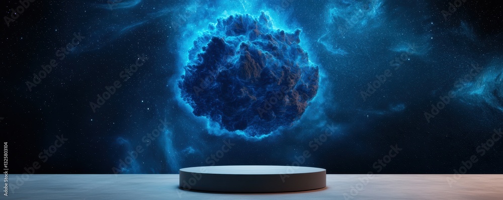 Poster a floating, glowing blue orb against a cosmic backdrop, set on a simple platform, evokes a sense of 
