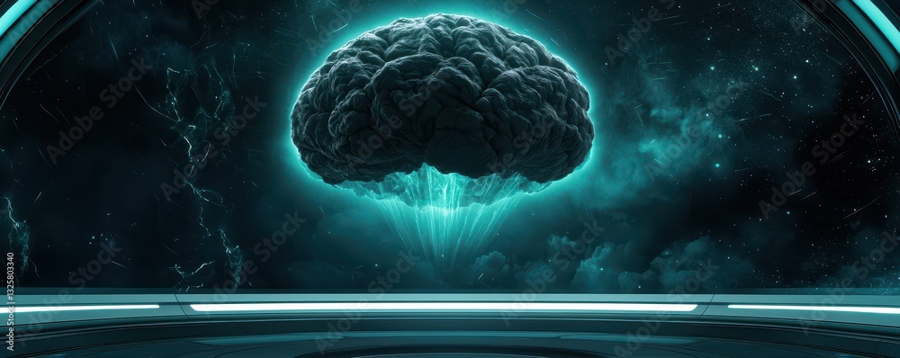 Poster A glowing brain floats in a futuristic space setting, surrounded by dark cosmic elements, suggesting themes of knowledge and technology.