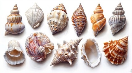 Beautiful Collection of Various Seashells on White Background