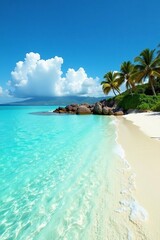 Naklejka premium Crystal clear turquoise water and white sandy beach at hapuna, waves, shore