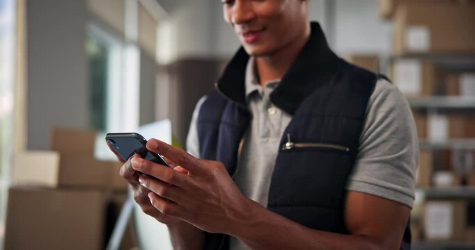 Office, man and happy with smartphone for logistics, supplier distribution and ecommerce for startup. Workshop, male person and seller with mobile for delivery app, business service and track order