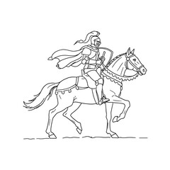 Fototapeta premium A knight riding a horse. Drawn with black lines. Black and white image.