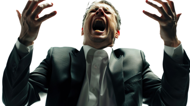 Stressed businessman screaming with raised hands on transparent background