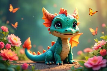 Cute cartoon baby dragon surrounded by vibrant flowers and butterflies, magical, spring