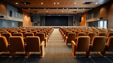 Vast Empty Auditorium with Comfortable Seating and Modern Design, Ideal for Events, Presentations, and Conferences, Warm Lighting and Spacious Layout