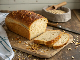 Naklejka premium Loaf of Oatmeal Bread on Cutting Board