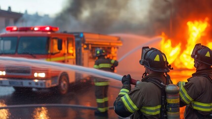 Obraz premium Firefighters Responding to Blaze with Fire Truck, Bold Flames, and Thick Smoke in Dramatic Emergency Scene