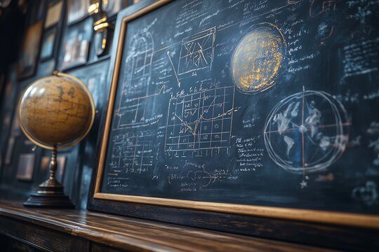 Chalkboard with Mathematical Formulas and Globe