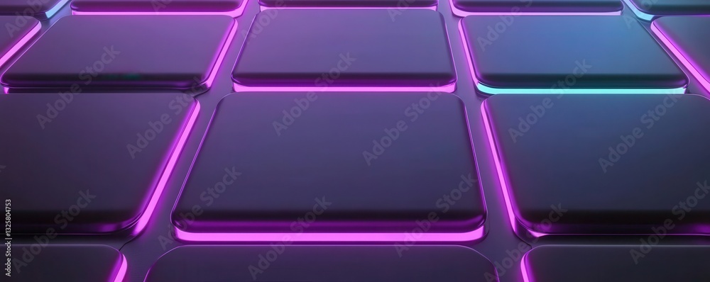 Poster a vibrant, abstract design featuring glossy tiles with glowing neon edges in shades of purple and bl