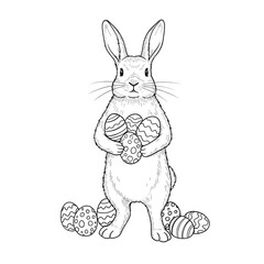 Obraz premium A rabbit holding Easter eggs. Drawn with black lines. Black-and-white illustration.