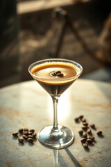 Espresso martini with coffee beans, elegantly presented on a marble table in soft, natural light.