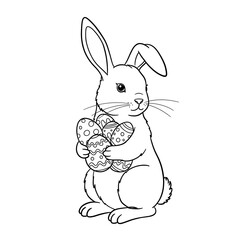 Obraz premium A rabbit holding Easter eggs. Drawn with black lines. Black-and-white illustration.