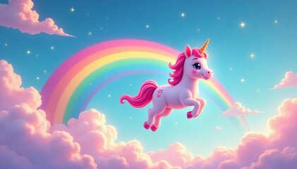 Cute pink unicorn flying in the sky with rainbow, clouds, and stars, cartoon, unicorn