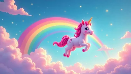 Wanddecoratie Regenboog Cute pink unicorn flying in the sky with rainbow, clouds, and stars, cartoon, unicorn  © Thiti