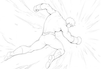 Superhero Sketch: Powerful Action Pose. A dynamic black and white sketch of a muscular superhero in mid-action exhibiting immense power and speed