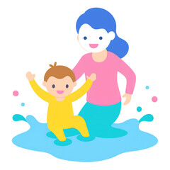 Joyful Illustration of a Mother and Child Splashing for Mothers Day PNG