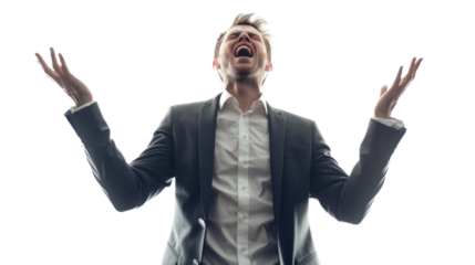 Businessman screaming with arms raised on transparent background