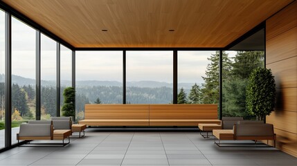 Fototapeta premium Serene Minimalist Sauna Room with Wooden Accents and Large Windows Overlooking Nature