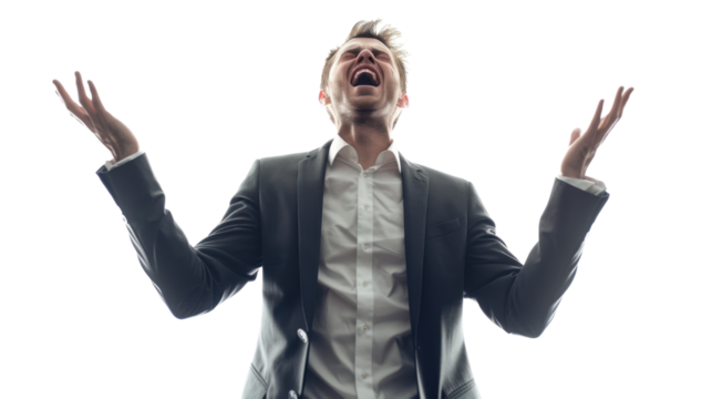 Businessman screaming with arms raised on transparent background - Powered by Adobe