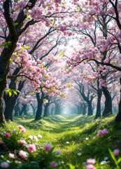 Naklejka premium Enchanting cherry blossom pathway in spring forest