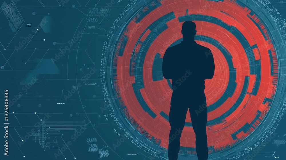 Poster a silhouette stands against a digital background, featuring concentric circles and intricate pattern