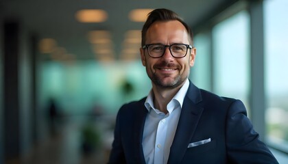Obraz premium Confident Professional: A sophisticated, smiling businessman in a tailored suit exudes confidence. The image suggests success, approachability, and experience in a contemporary office setting.