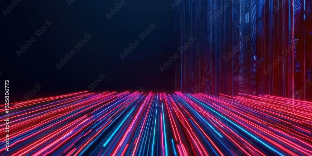Poster A vibrant display of dynamic blue and red light beams creating a sense of motion against a dark background.
