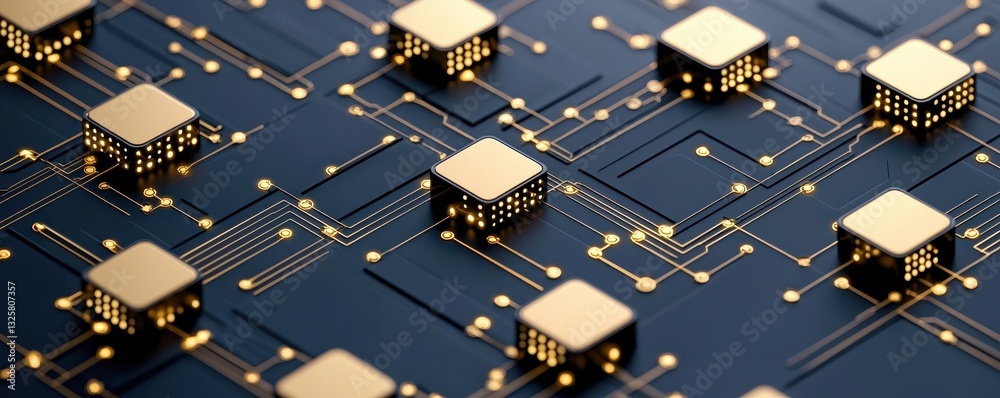 Poster a close-up of a circuit board featuring gold processors and intricate connections against a dark bac