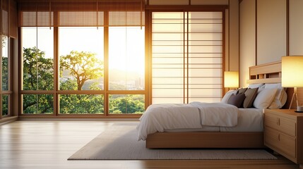 Obraz premium Bright and Airy Bedroom with Large Windows Overlooking a Serene Natural Landscape at Sunrise