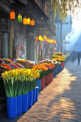 Naklejka premium Vibrant flower market illuminated by soft morning light in a bustling urban setting