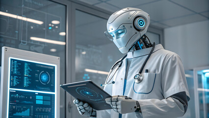 Futuristic AI robot doctor analyzing medical data