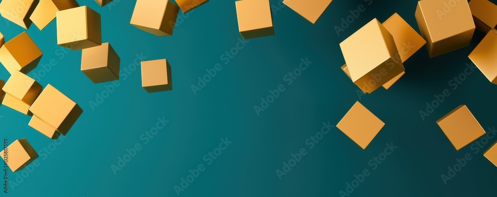 Aufkleber Abstract image featuring floating golden cubes on a turquoise background, creating a modern and dynamic visual effect.