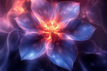 Obraz premium Abstract symmetrical flower design with blurred blue and purple gradients, digital illustration for elegant backgrounds and design projects.