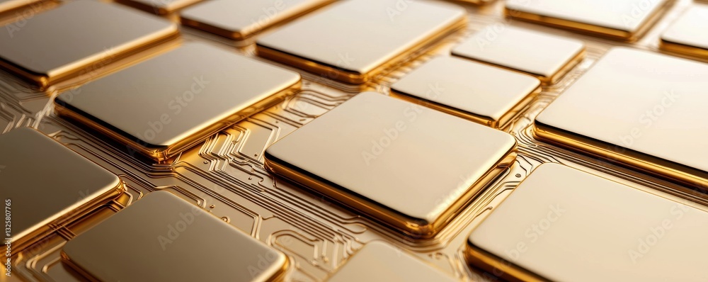 Poster a close-up view of golden microchips arranged neatly on a circuit board, showcasing intricate techno