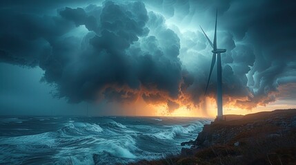 Wind Turbine During Stormy Sunset