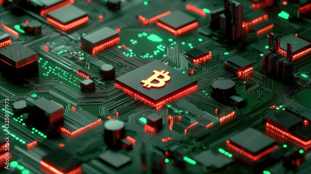 Aufkleber a close-up view of a circuit board illuminated in green and red, featuring a prominent bitcoin symbo