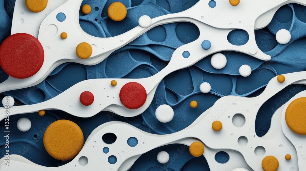 Poster A colorful abstract design with flowing shapes and circular elements on a textured blue background.