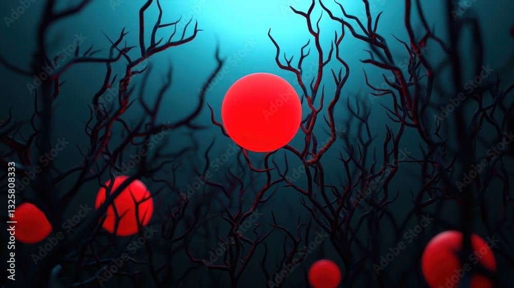 Poster an abstract underwater scene featuring red spheres surrounded by dark branches, creating a surreal a