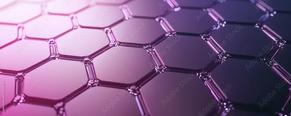 Poster A vibrant, abstract representation of a hexagonal pattern, showcasing a blend of purple and pink hues with a glossy finish.