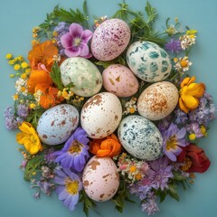 Obraz premium Easter Colorful eggs arranged with flowers create a vibrant, festive display for spring celebrations.