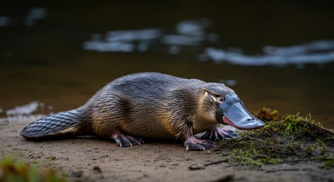 A platypus on the riverbank. A wild animal with distinctive beak and webbed feet. Waddle. A cute platypus resting on the bank near water. Australian platypus