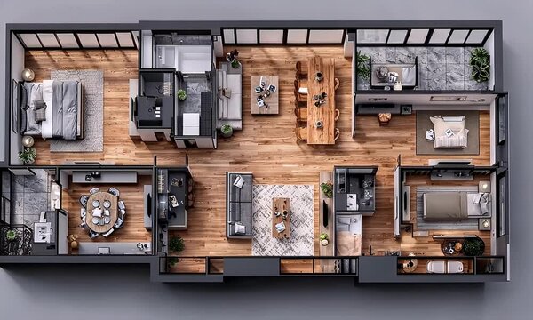 Apartment floorplan shows rooms with wooden floors and furniture against windows, gray background