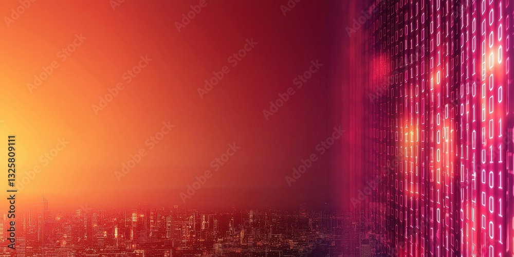 Aufkleber a vibrant sunset over a cityscape, merging with a digital binary background, symbolizing the fusion 